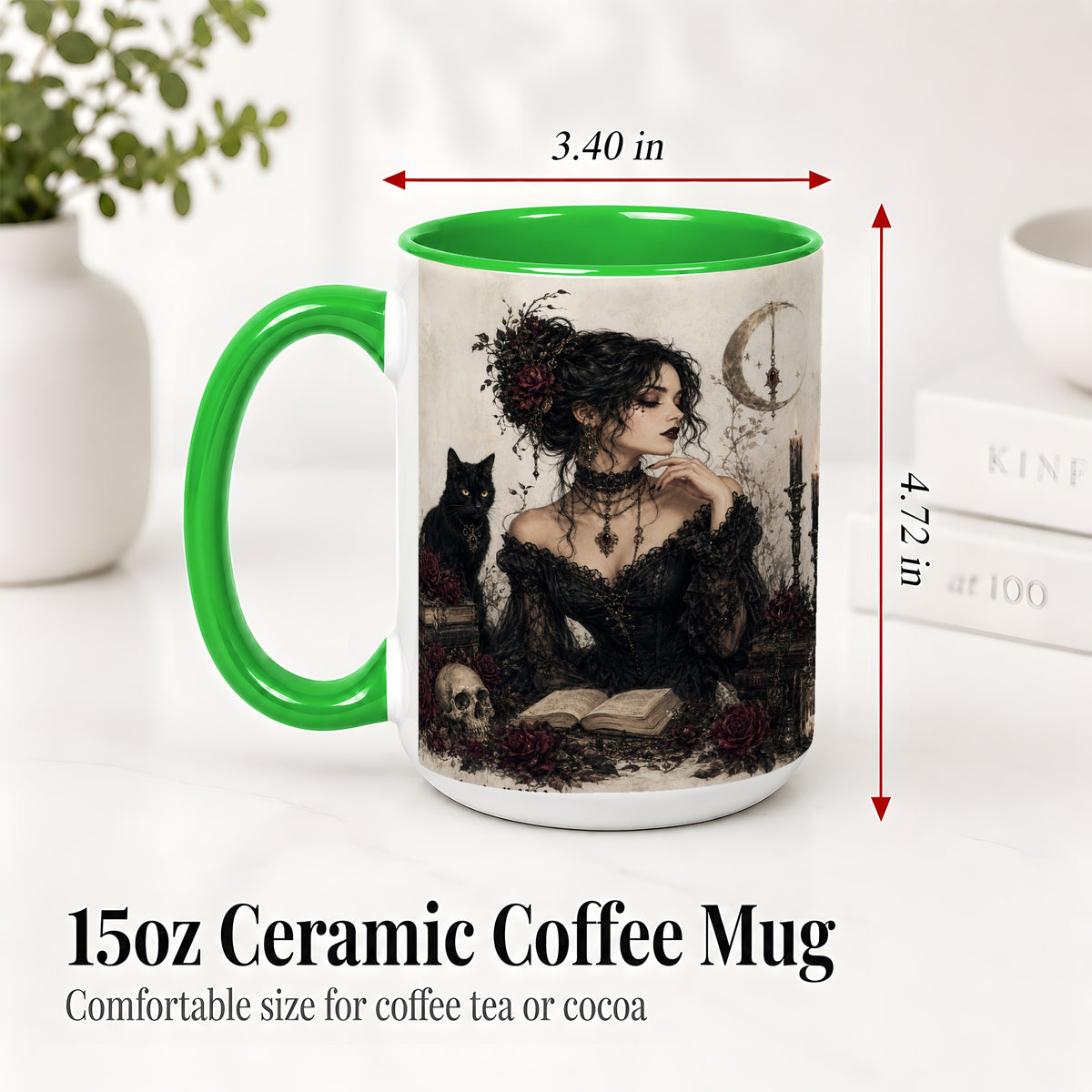 #pl[15oz|Green] Gothic Witch Ceramic Coffee Cup, Mug with Black Cat Artwork