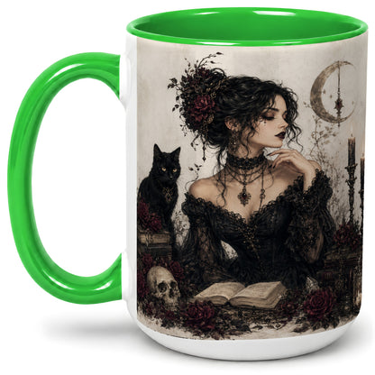 #pl[15oz|Green] Gothic Witch Ceramic Coffee Cup, Mug with Black Cat Artwork
