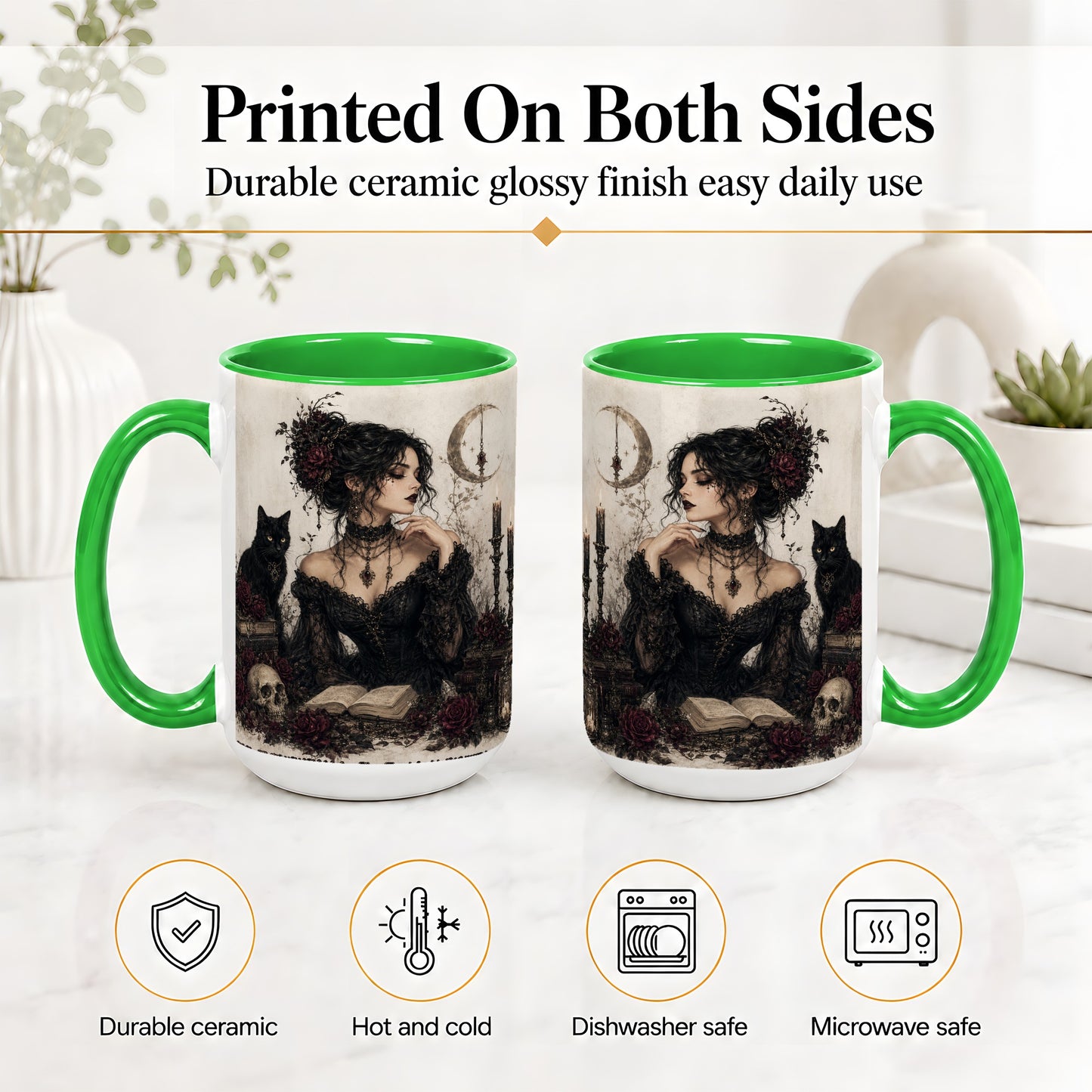 #pl[15oz|Green] Gothic Witch Ceramic Coffee Cup, Mug with Black Cat Artwork