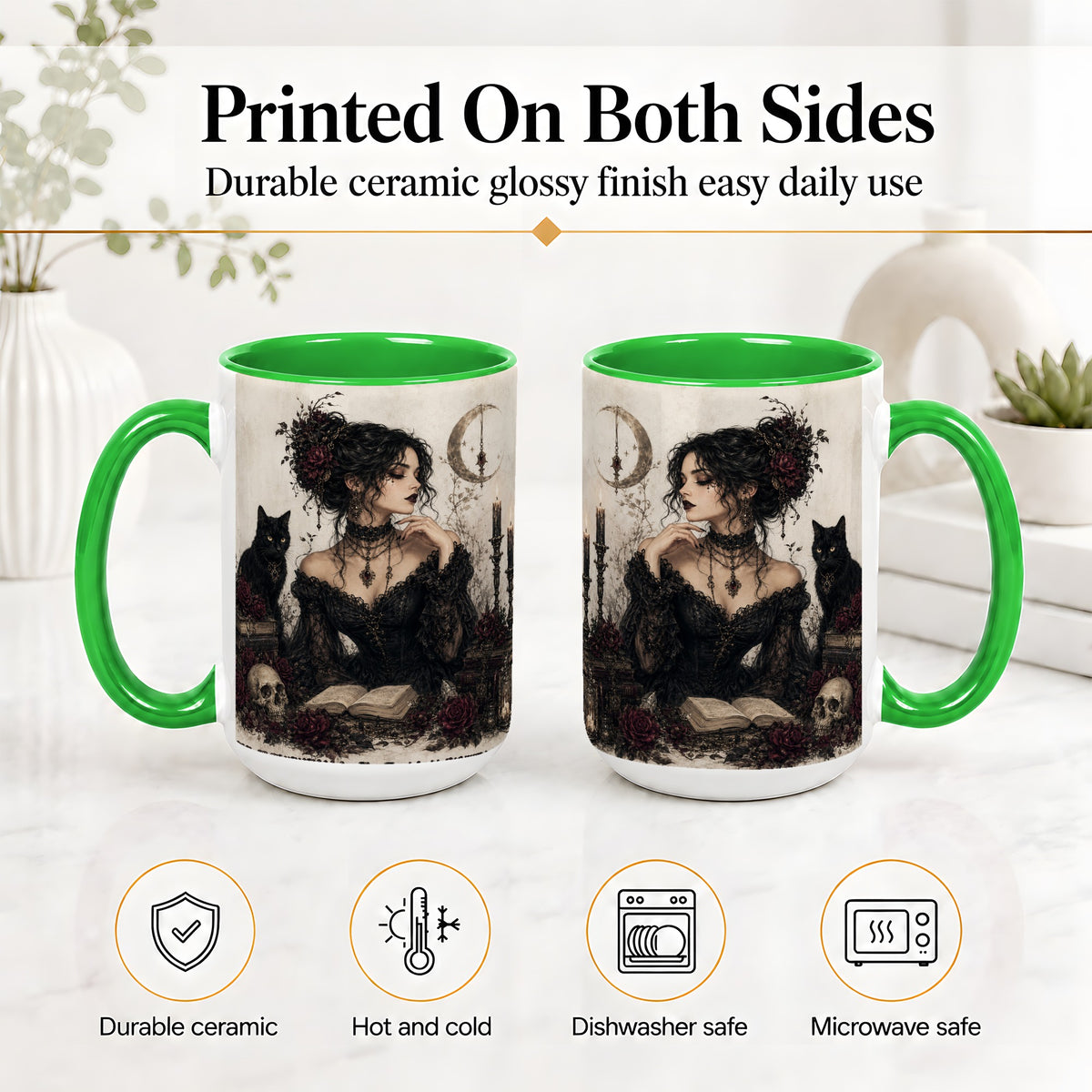 #pl[15oz|Green] Gothic Witch Ceramic Coffee Cup, Mug with Black Cat Artwork
