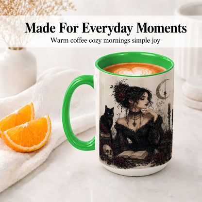 #pl[15oz|Green] Gothic Witch Ceramic Coffee Cup, Mug with Black Cat Artwork