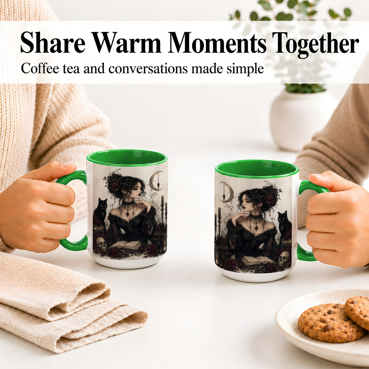 #pl[15oz|Green] Gothic Witch Ceramic Coffee Cup, Mug with Black Cat Artwork