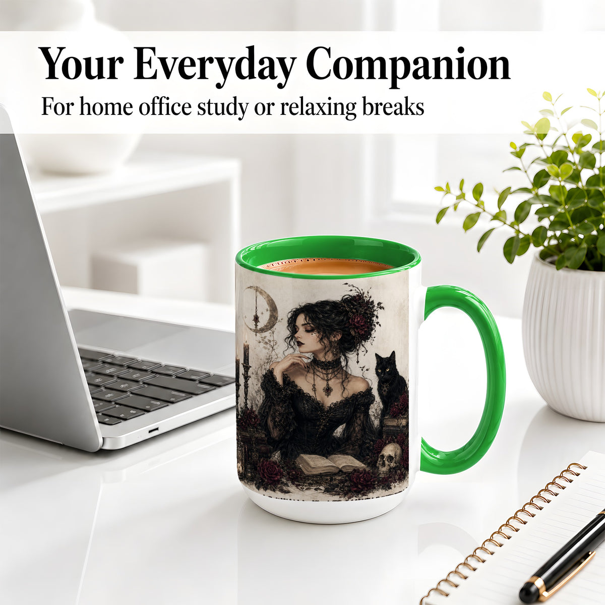 #pl[15oz|Green] Gothic Witch Ceramic Coffee Cup, Mug with Black Cat Artwork