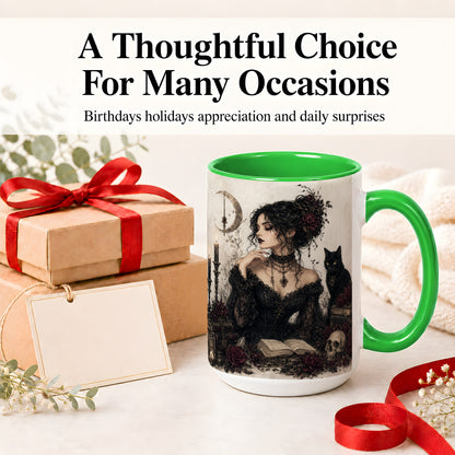 #pl[15oz|Green] Gothic Witch Ceramic Coffee Cup, Mug with Black Cat Artwork