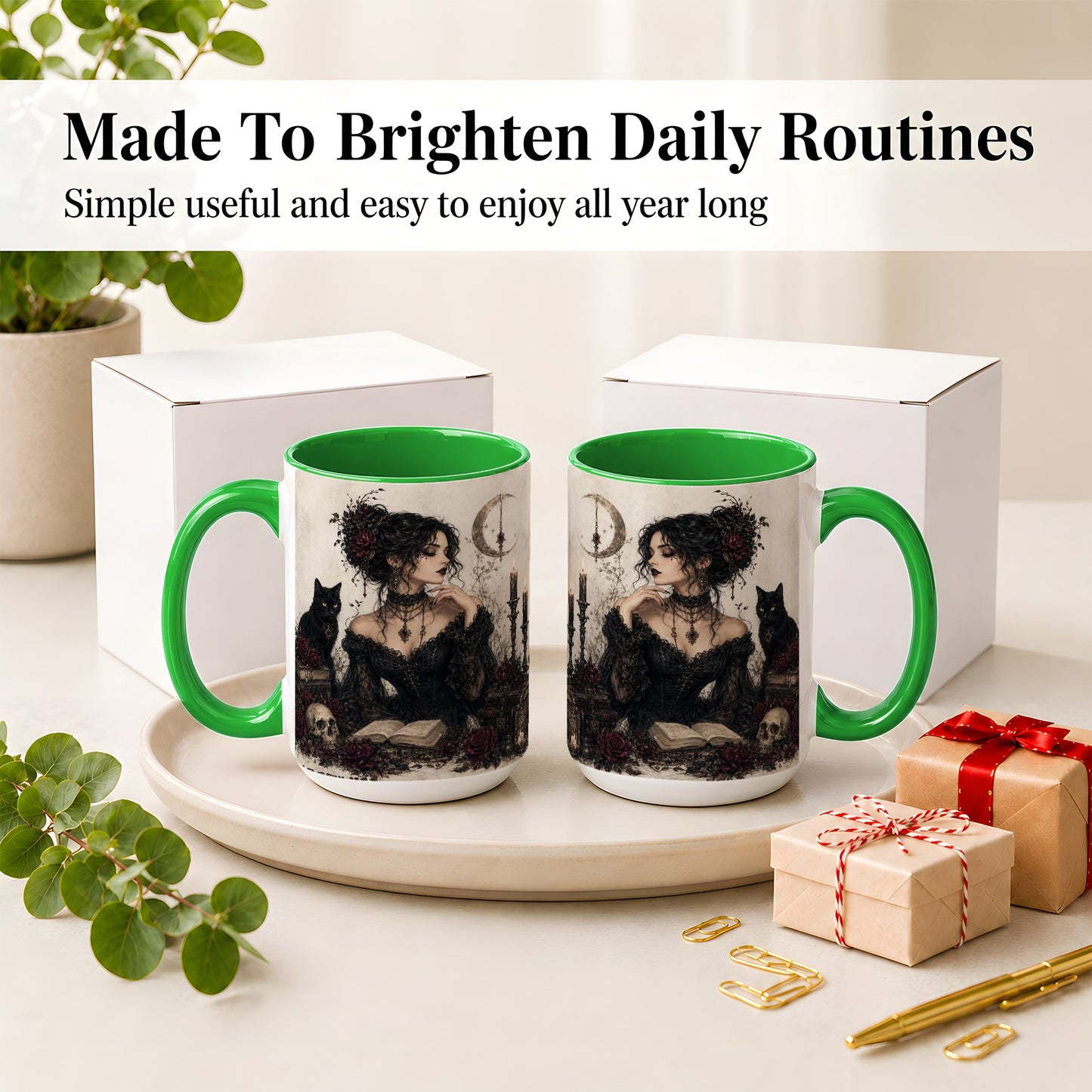 #pl[15oz|Green] Gothic Witch Ceramic Coffee Cup, Mug with Black Cat Artwork