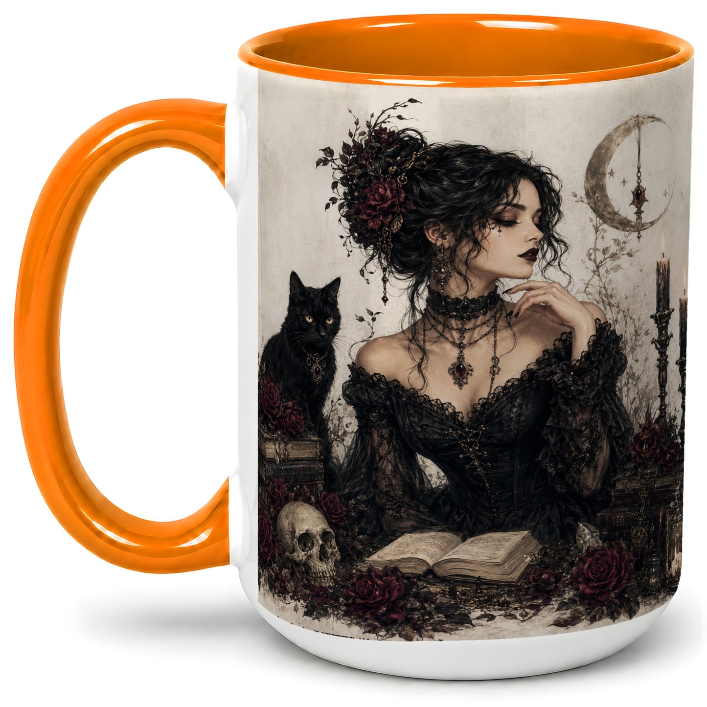 #pl[15oz|Orange] Gothic Witch Ceramic Coffee Cup, Mug with Black Cat Artwork