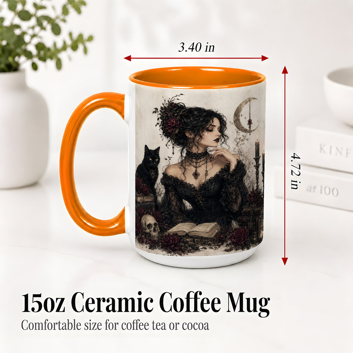 #pl[15oz|Orange] Gothic Witch Ceramic Coffee Cup, Mug with Black Cat Artwork