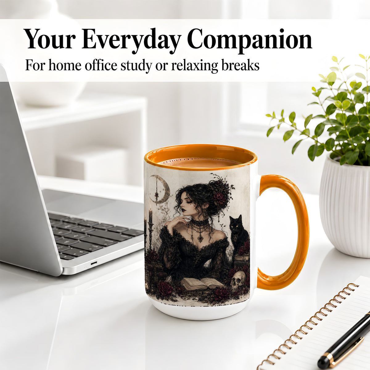 #pl[15oz|Orange] Gothic Witch Ceramic Coffee Cup, Mug with Black Cat Artwork