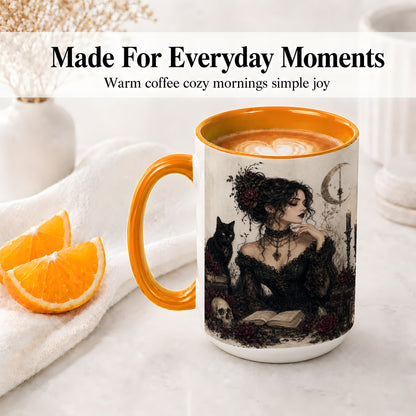 #pl[15oz|Orange] Gothic Witch Ceramic Coffee Cup, Mug with Black Cat Artwork