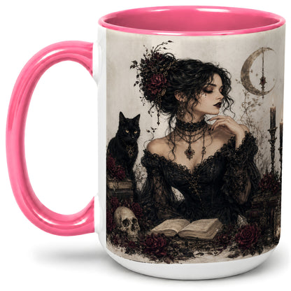 #pl[15oz|Pink] Gothic Witch Ceramic Coffee Cup, Mug with Black Cat Artwork