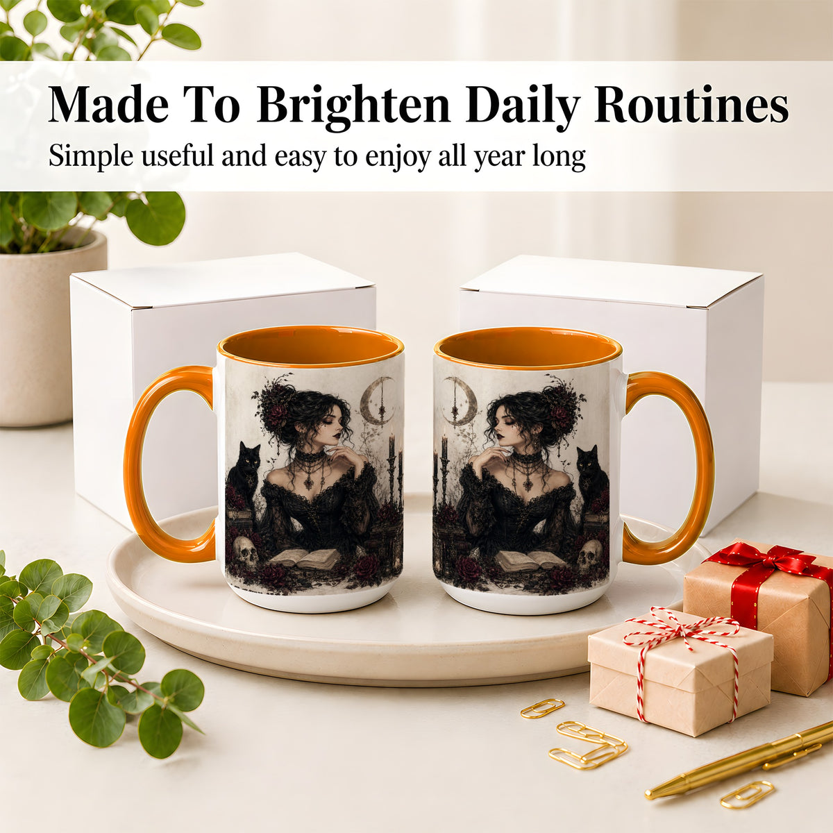#pl[15oz|Orange] Gothic Witch Ceramic Coffee Cup, Mug with Black Cat Artwork