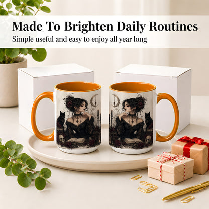 #pl[15oz|Orange] Gothic Witch Ceramic Coffee Cup, Mug with Black Cat Artwork