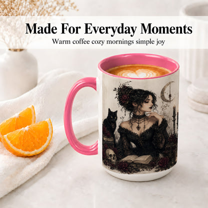 #pl[15oz|Pink] Gothic Witch Ceramic Coffee Cup, Mug with Black Cat Artwork