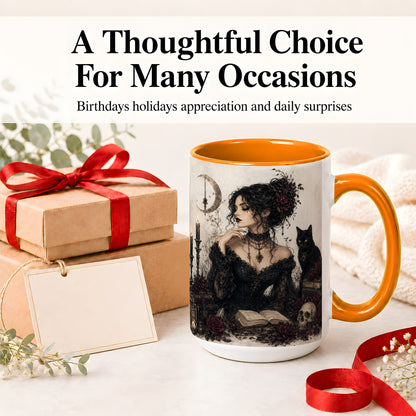#pl[15oz|Orange] Gothic Witch Ceramic Coffee Cup, Mug with Black Cat Artwork