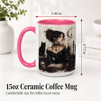 #pl[15oz|Pink] Gothic Witch Ceramic Coffee Cup, Mug with Black Cat Artwork