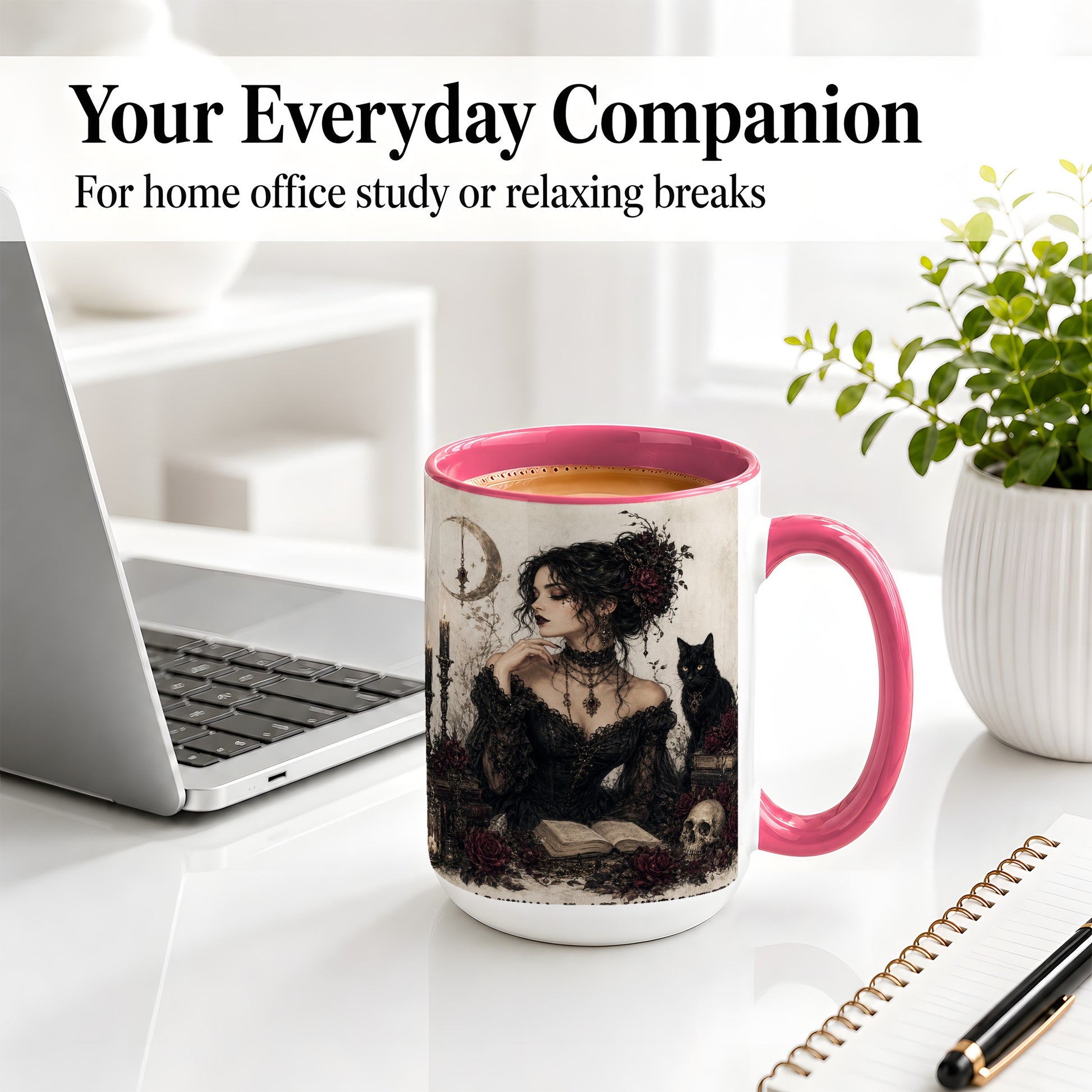 #pl[15oz|Pink] Gothic Witch Ceramic Coffee Cup, Mug with Black Cat Artwork