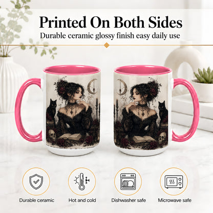 #pl[15oz|Pink] Gothic Witch Ceramic Coffee Cup, Mug with Black Cat Artwork