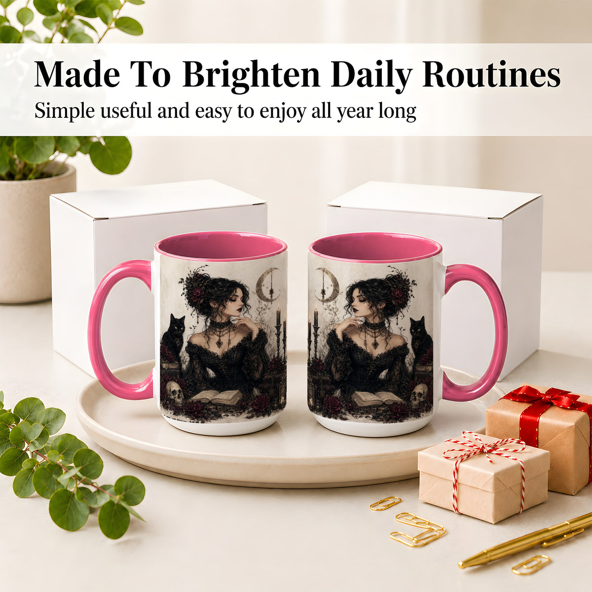 #pl[15oz|Pink] Gothic Witch Ceramic Coffee Cup, Mug with Black Cat Artwork