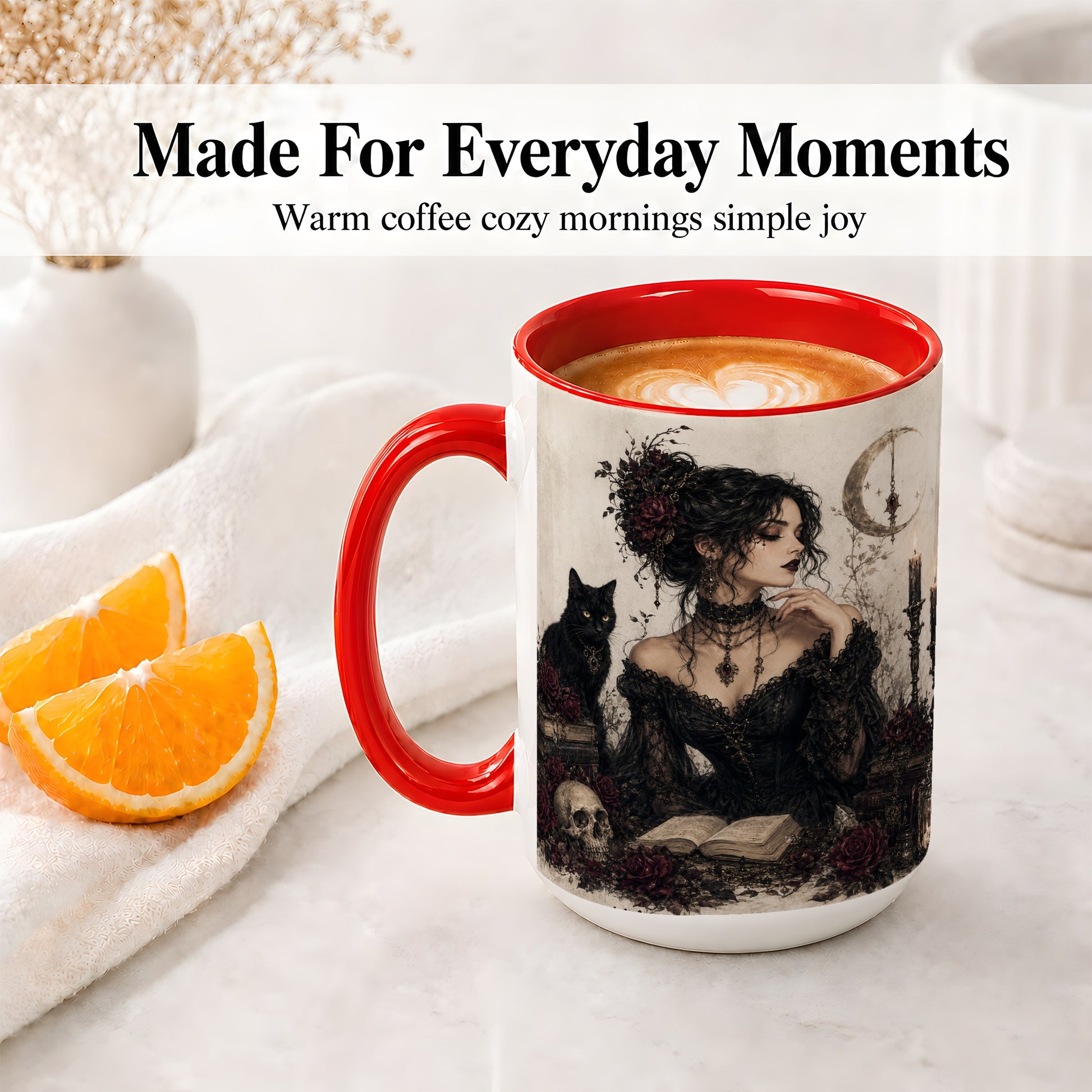 #pl[15oz|Red] Gothic Witch Ceramic Coffee Cup, Mug with Black Cat Artwork