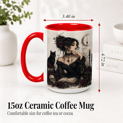 #pl[15oz|Red] Gothic Witch Ceramic Coffee Cup, Mug with Black Cat Artwork