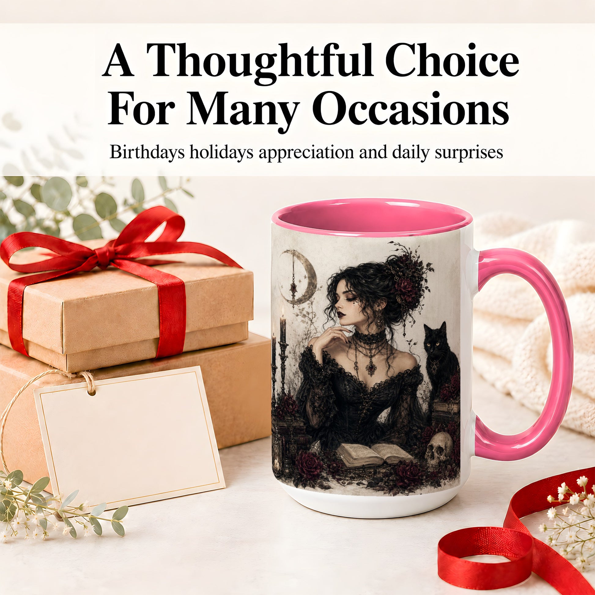 #pl[15oz|Pink] Gothic Witch Ceramic Coffee Cup, Mug with Black Cat Artwork
