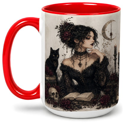 #pl[15oz|Red] Gothic Witch Ceramic Coffee Cup, Mug with Black Cat Artwork