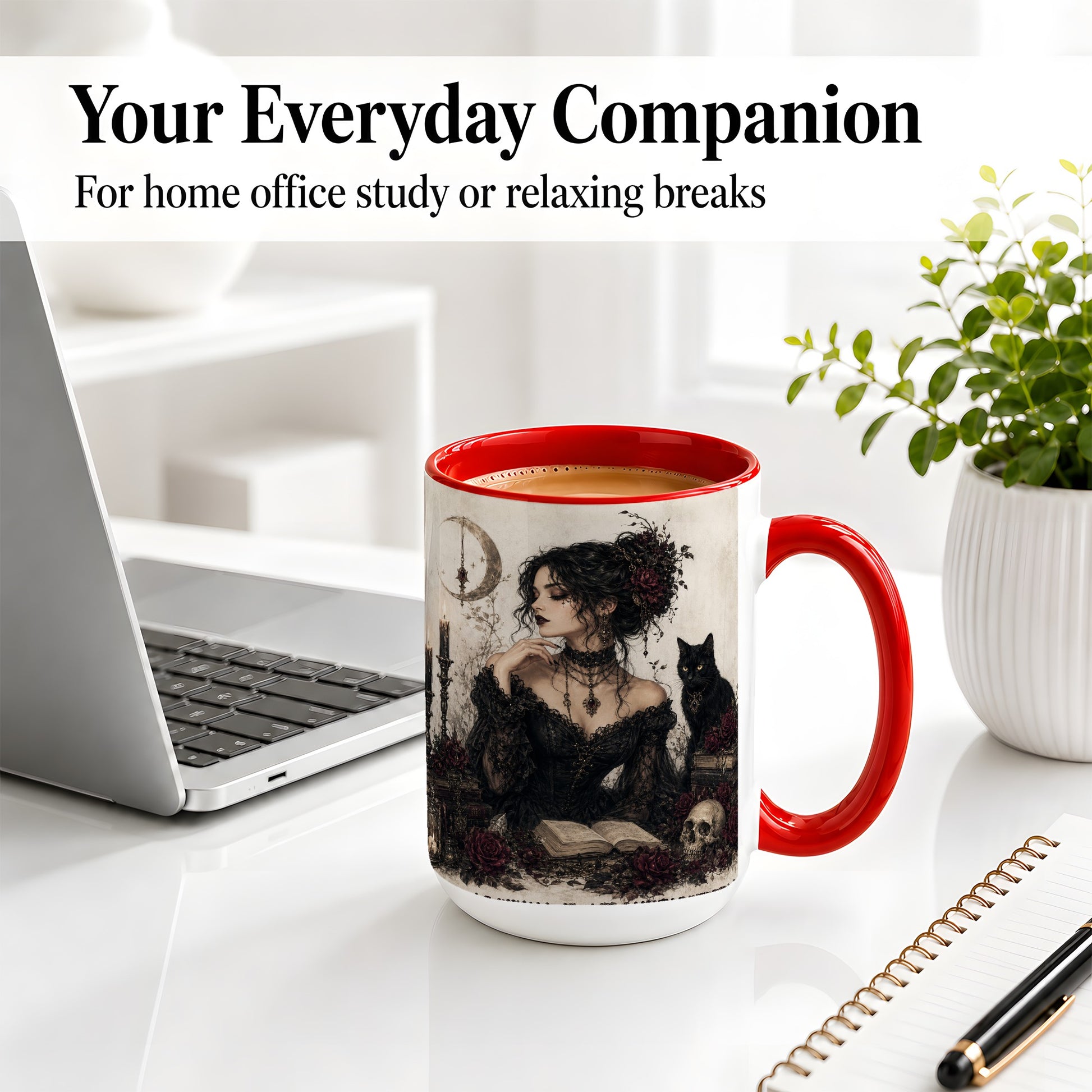 #pl[15oz|Red] Gothic Witch Ceramic Coffee Cup, Mug with Black Cat Artwork