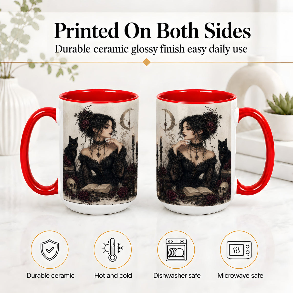 #pl[15oz|Red] Gothic Witch Ceramic Coffee Cup, Mug with Black Cat Artwork