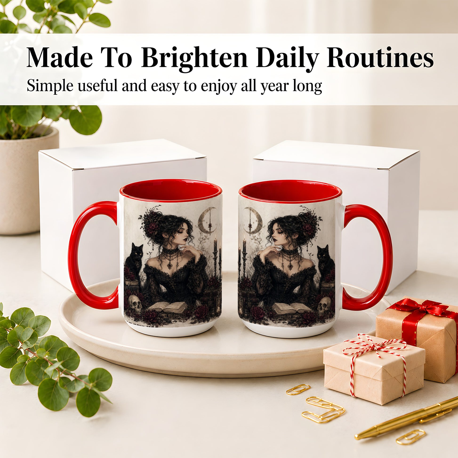 #pl[15oz|Red] Gothic Witch Ceramic Coffee Cup, Mug with Black Cat Artwork