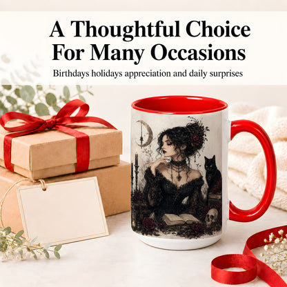 #pl[15oz|Red] Gothic Witch Ceramic Coffee Cup, Mug with Black Cat Artwork