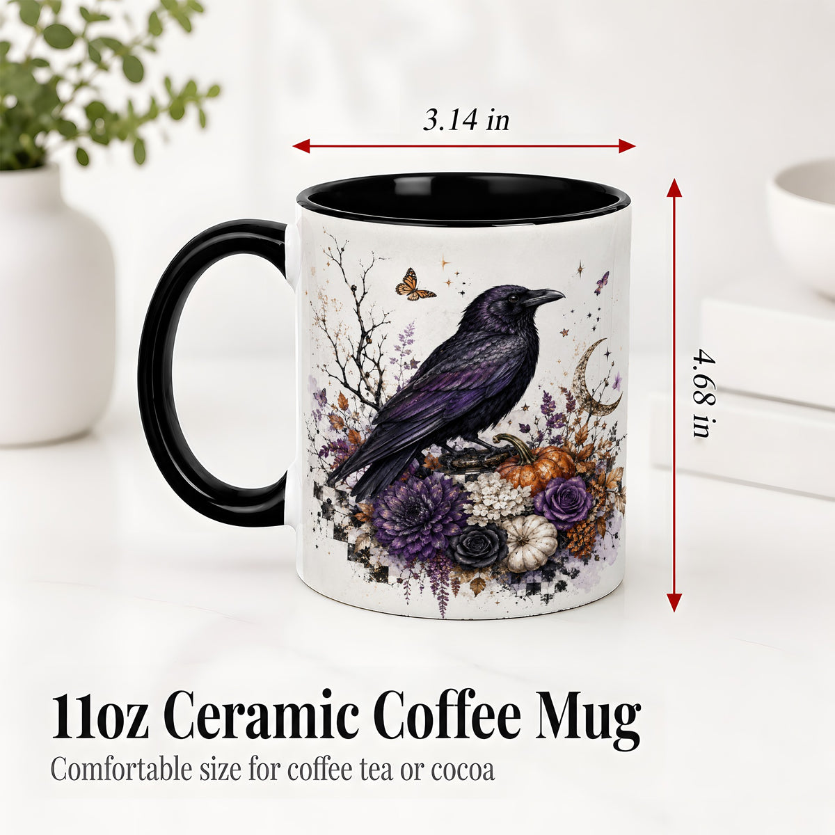 #pl[11oz|Black] Raven Moon Ceramic Coffee Cup, Mug with Purple Pumpkin Artwork