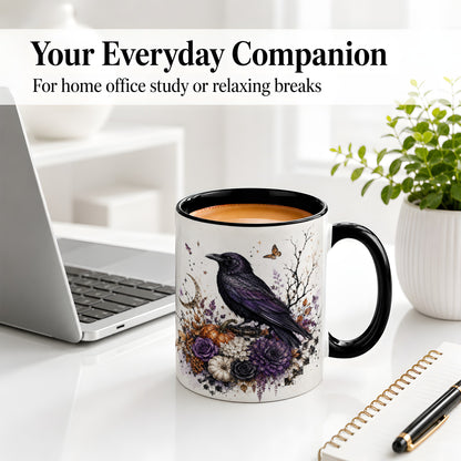 #pl[11oz|Black] Raven Moon Ceramic Coffee Cup, Mug with Purple Pumpkin Artwork
