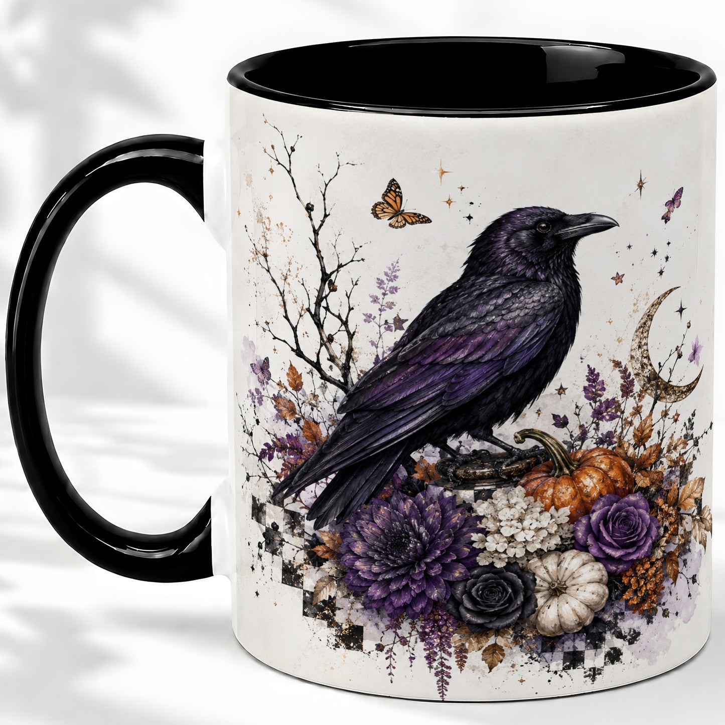 #pl[11oz|Black] Raven Moon Ceramic Coffee Cup, Mug with Purple Pumpkin Artwork