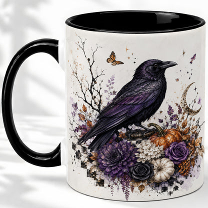 #pl[11oz|Black] Raven Moon Ceramic Coffee Cup, Mug with Purple Pumpkin Artwork