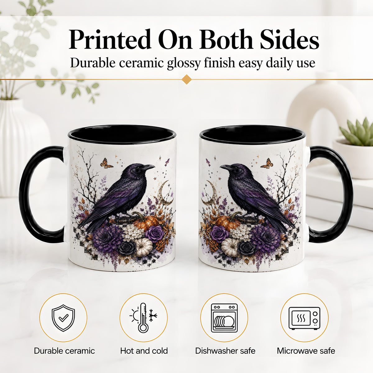 #pl[11oz|Black] Raven Moon Ceramic Coffee Cup, Mug with Purple Pumpkin Artwork