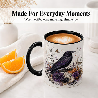 #pl[11oz|Black] Raven Moon Ceramic Coffee Cup, Mug with Purple Pumpkin Artwork