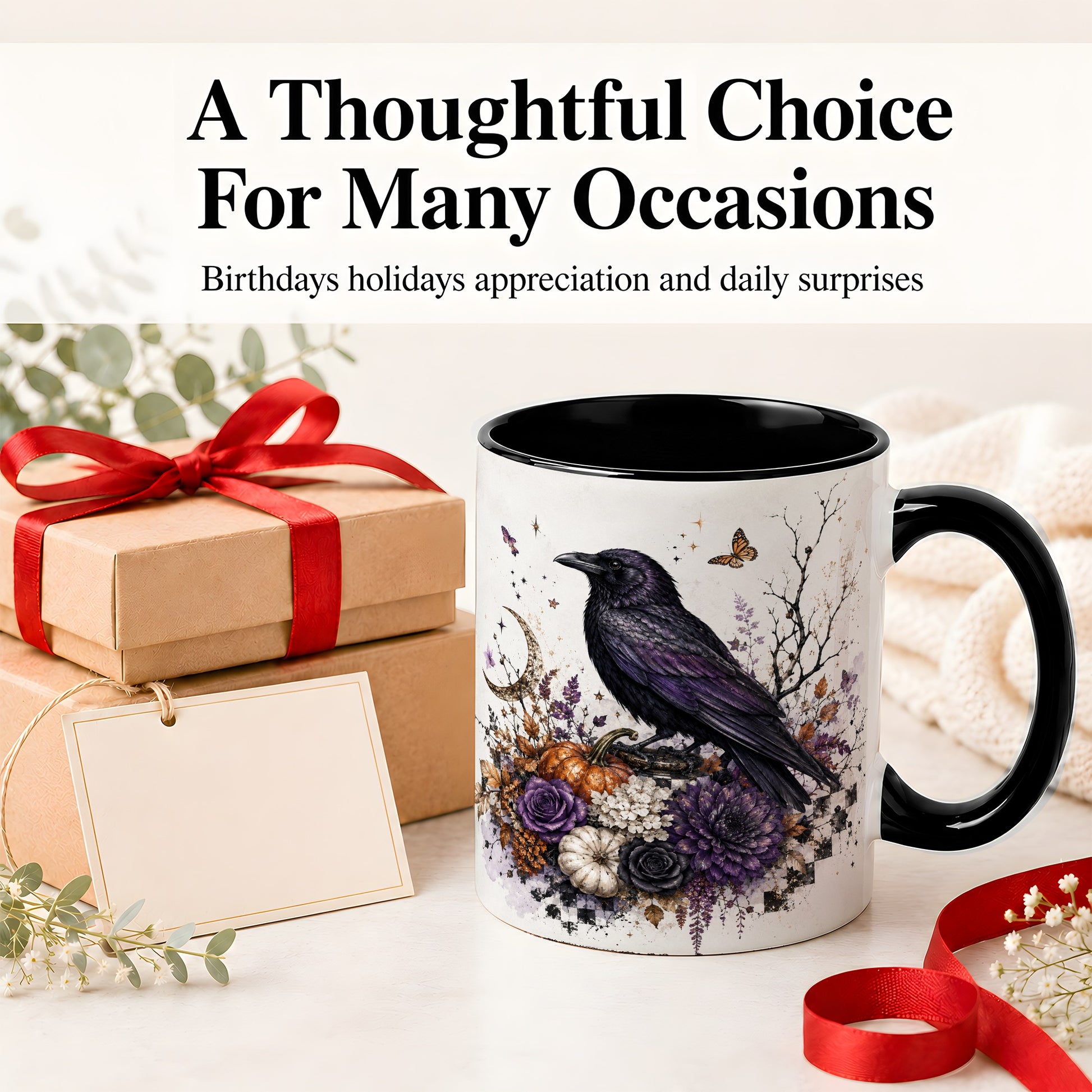 #pl[11oz|Black] Raven Moon Ceramic Coffee Cup, Mug with Purple Pumpkin Artwork