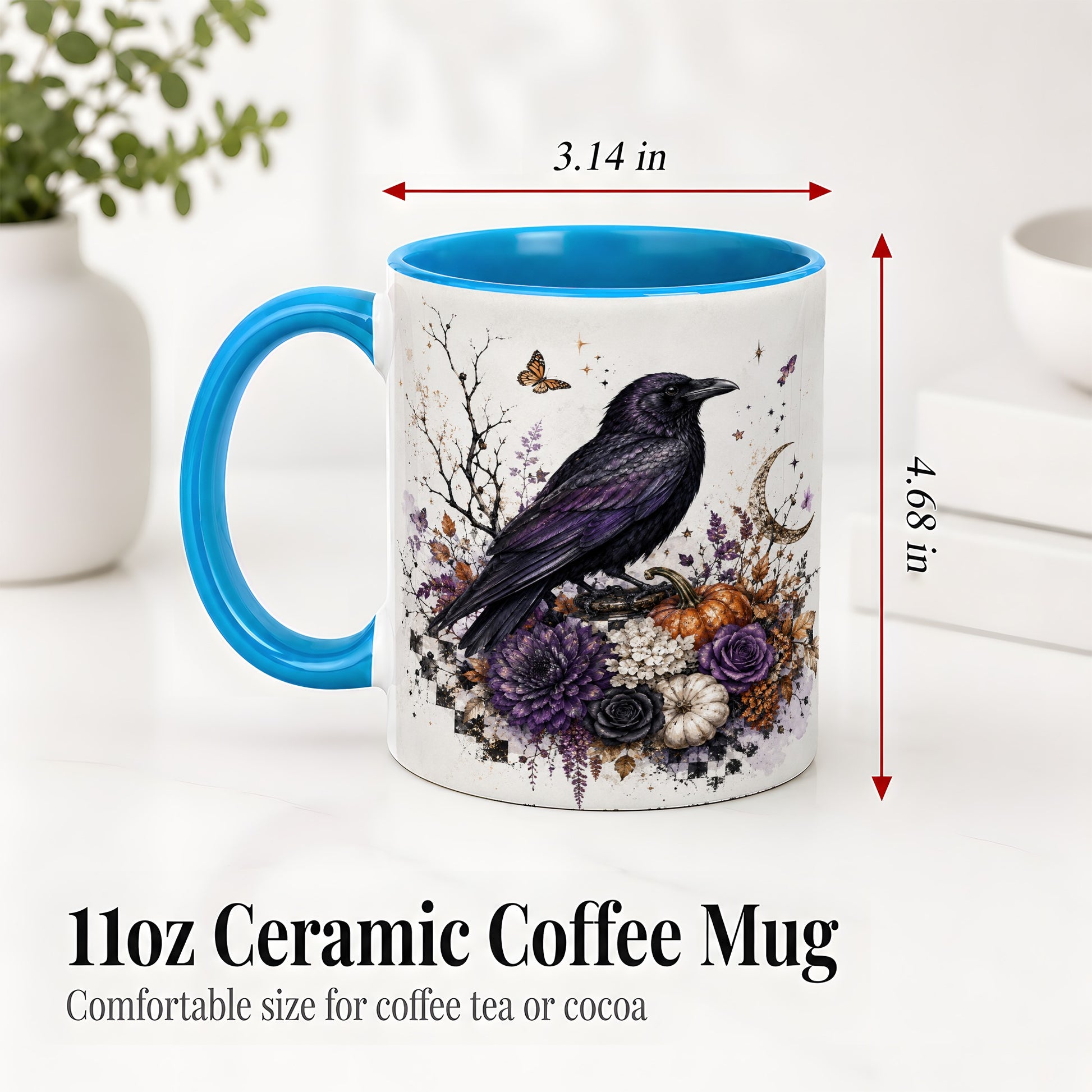 #pl[11oz|Blue] Raven Moon Ceramic Coffee Cup, Mug with Purple Pumpkin Artwork