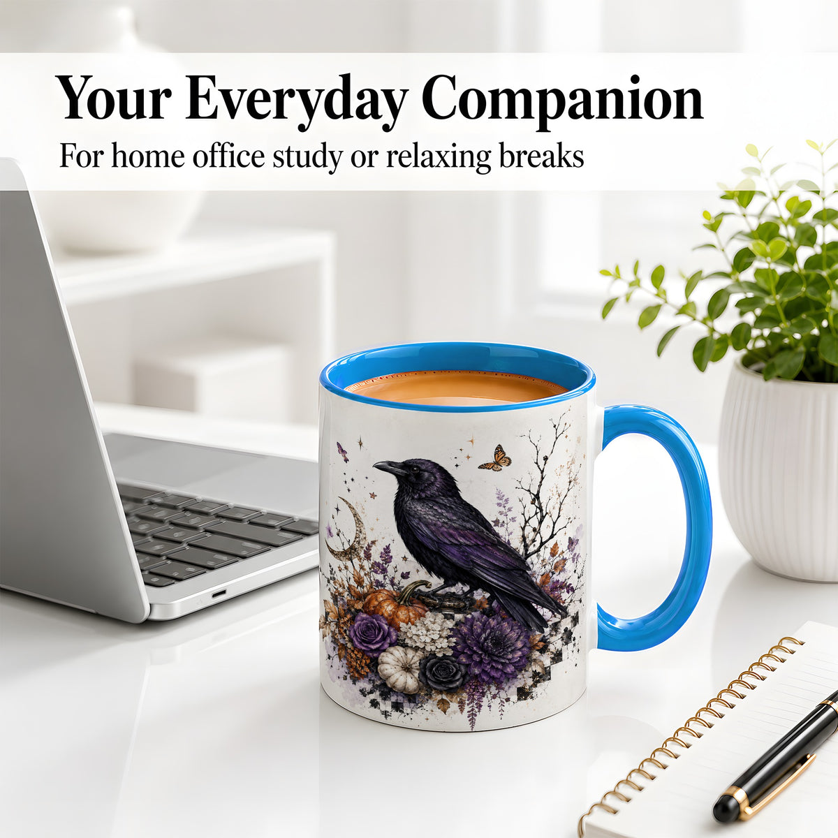 #pl[11oz|Blue] Raven Moon Ceramic Coffee Cup, Mug with Purple Pumpkin Artwork