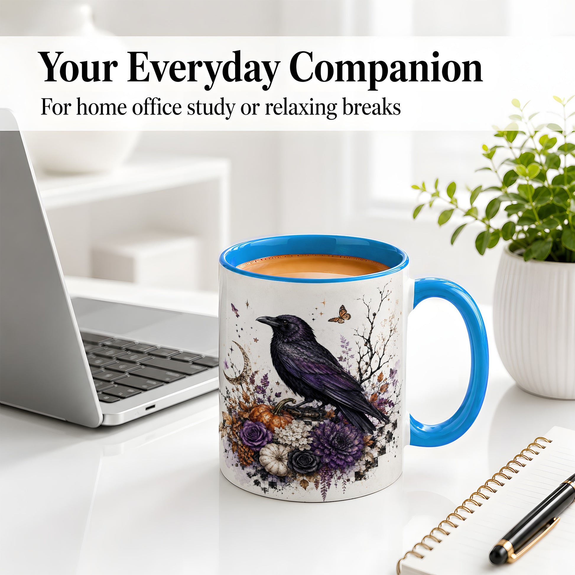 #pl[11oz|Blue] Raven Moon Ceramic Coffee Cup, Mug with Purple Pumpkin Artwork