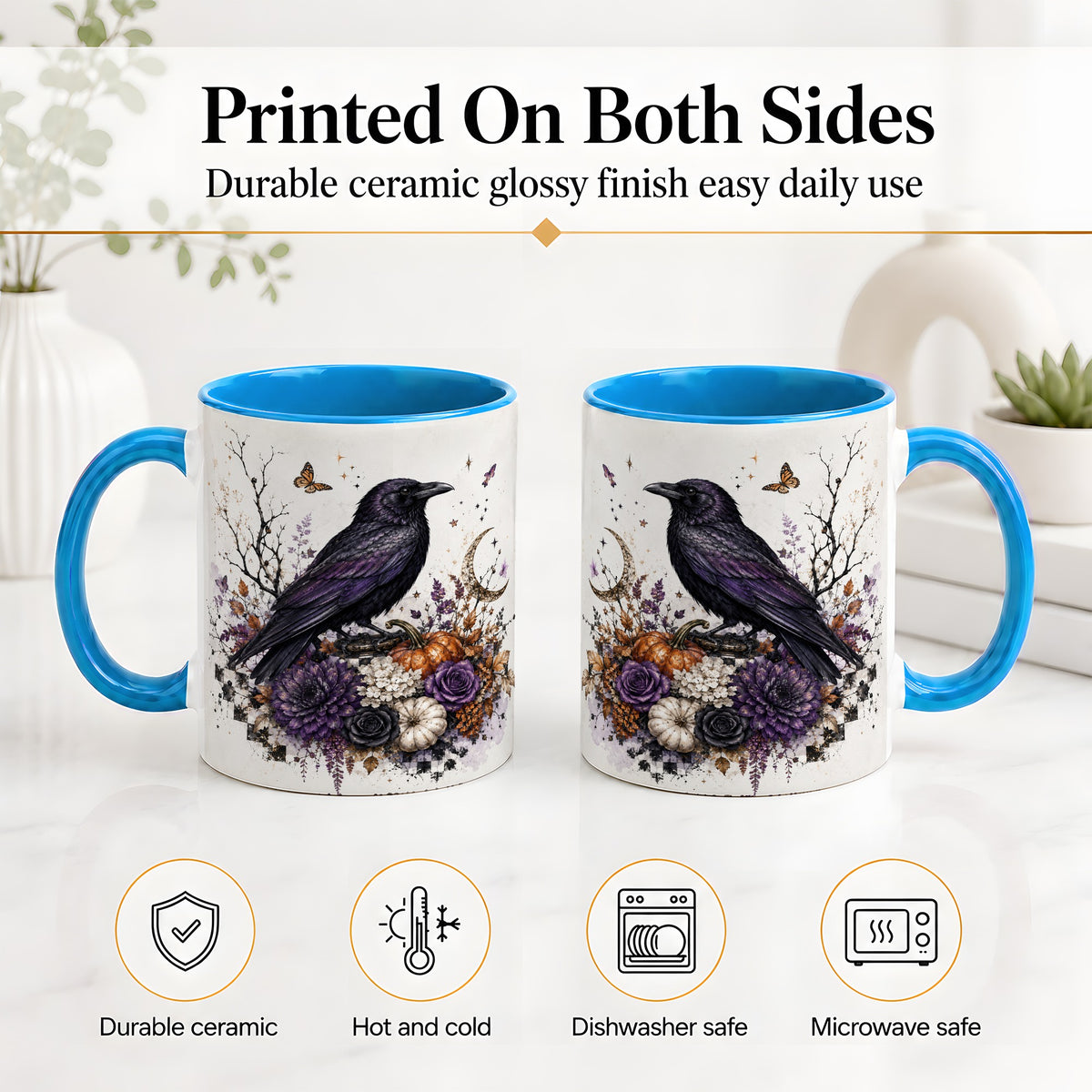 #pl[11oz|Blue] Raven Moon Ceramic Coffee Cup, Mug with Purple Pumpkin Artwork