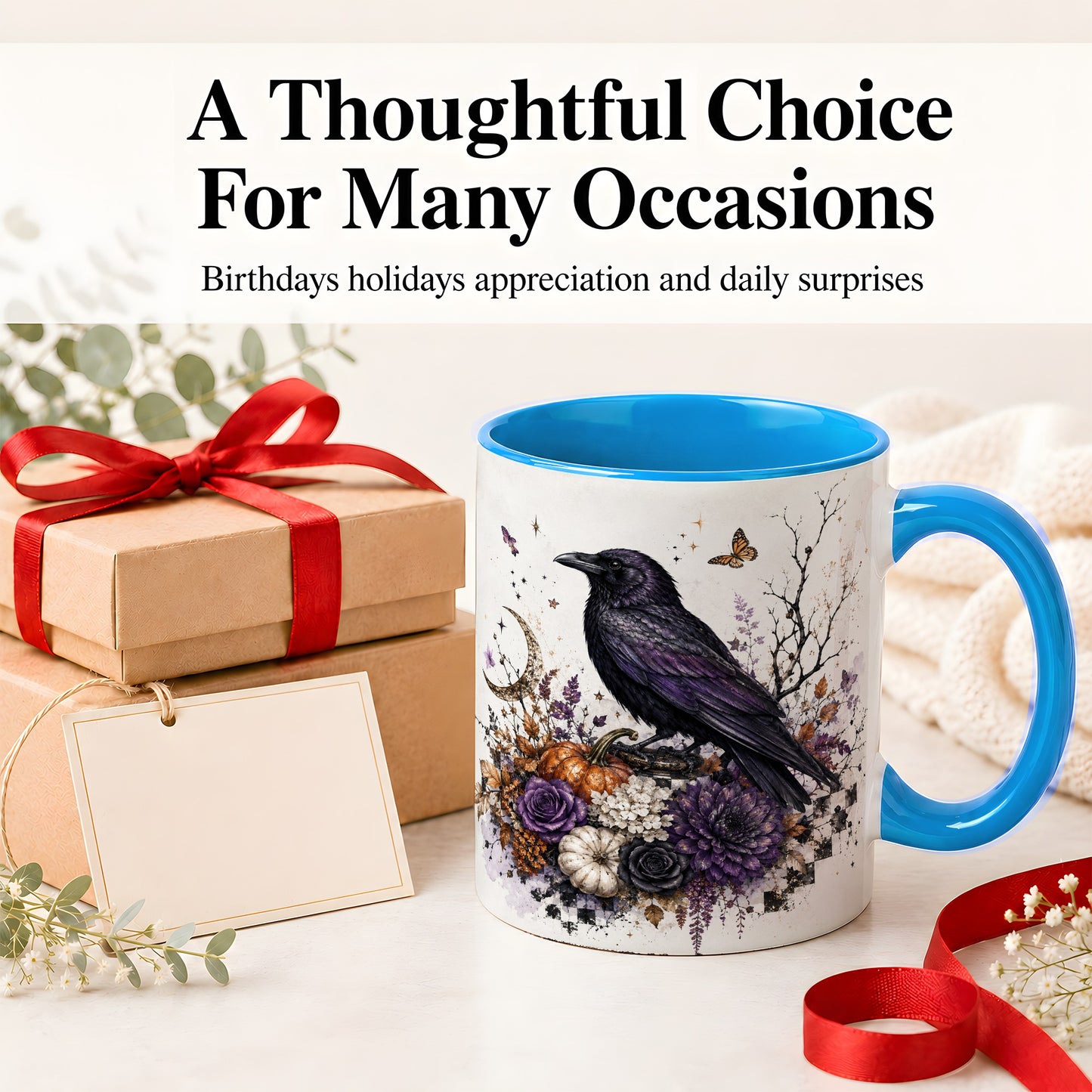 #pl[11oz|Blue] Raven Moon Ceramic Coffee Cup, Mug with Purple Pumpkin Artwork