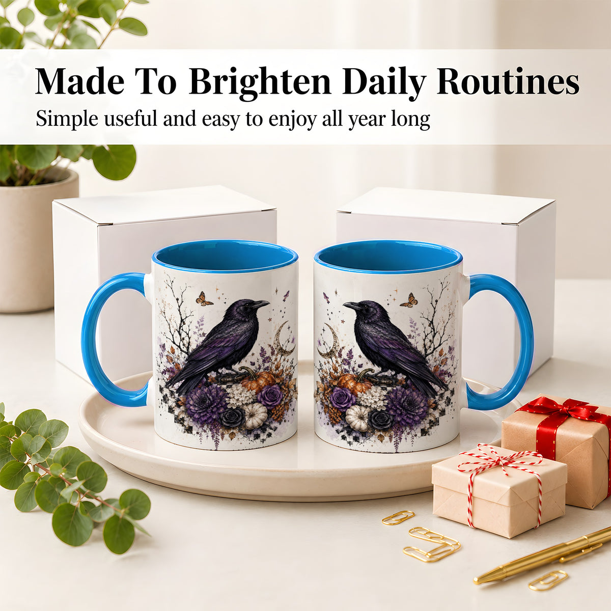 #pl[11oz|Blue] Raven Moon Ceramic Coffee Cup, Mug with Purple Pumpkin Artwork