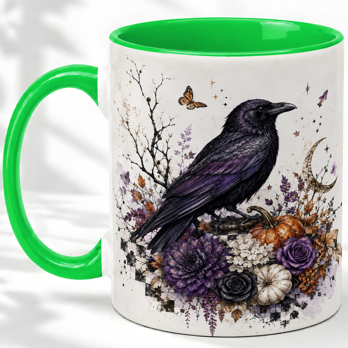 #pl[11oz|Green] Raven Moon Ceramic Coffee Cup, Mug with Purple Pumpkin Artwork