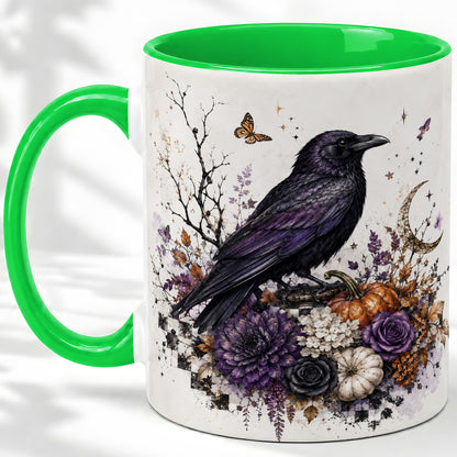 #pl[11oz|Green] Raven Moon Ceramic Coffee Cup, Mug with Purple Pumpkin Artwork