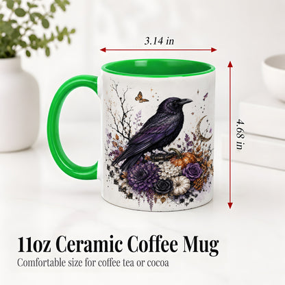 #pl[11oz|Green] Raven Moon Ceramic Coffee Cup, Mug with Purple Pumpkin Artwork