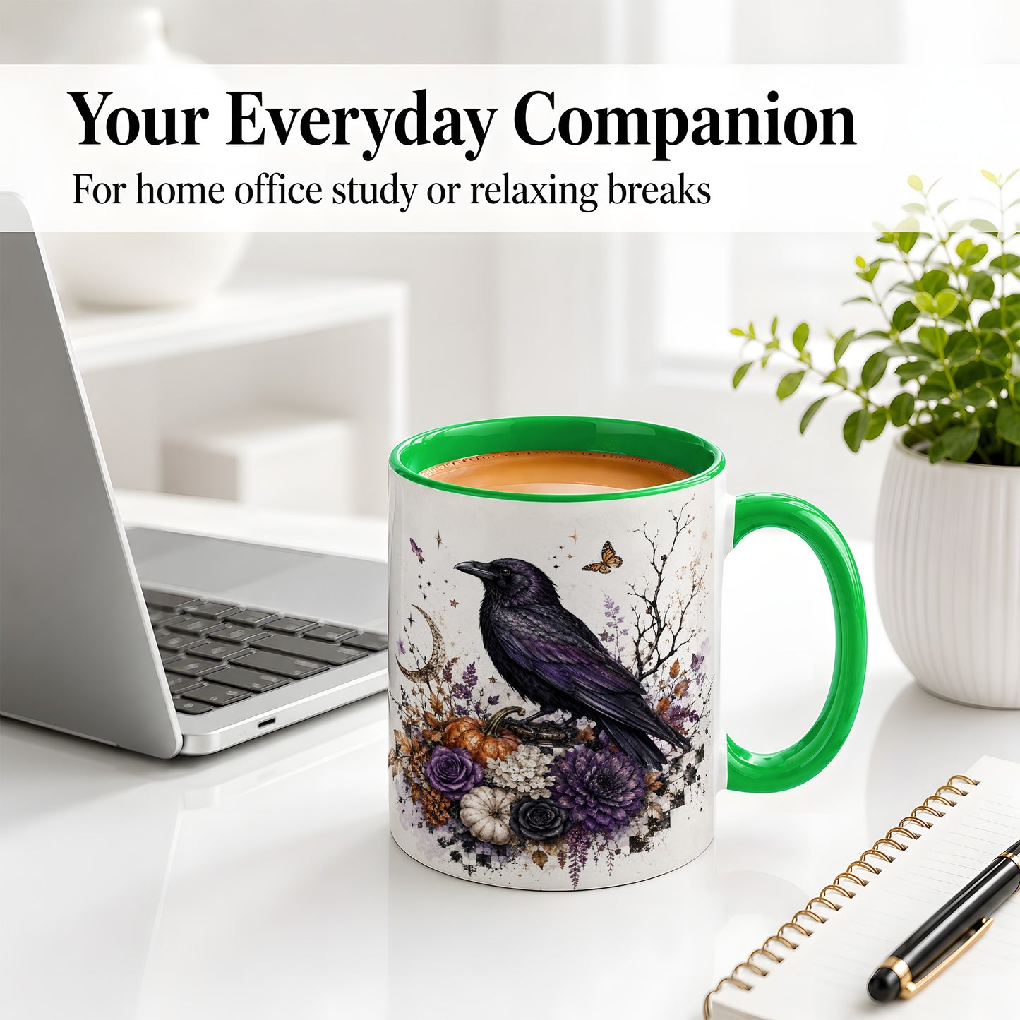 #pl[11oz|Green] Raven Moon Ceramic Coffee Cup, Mug with Purple Pumpkin Artwork
