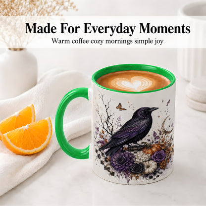 #pl[11oz|Green] Raven Moon Ceramic Coffee Cup, Mug with Purple Pumpkin Artwork