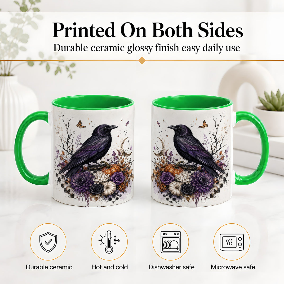 #pl[11oz|Green] Raven Moon Ceramic Coffee Cup, Mug with Purple Pumpkin Artwork