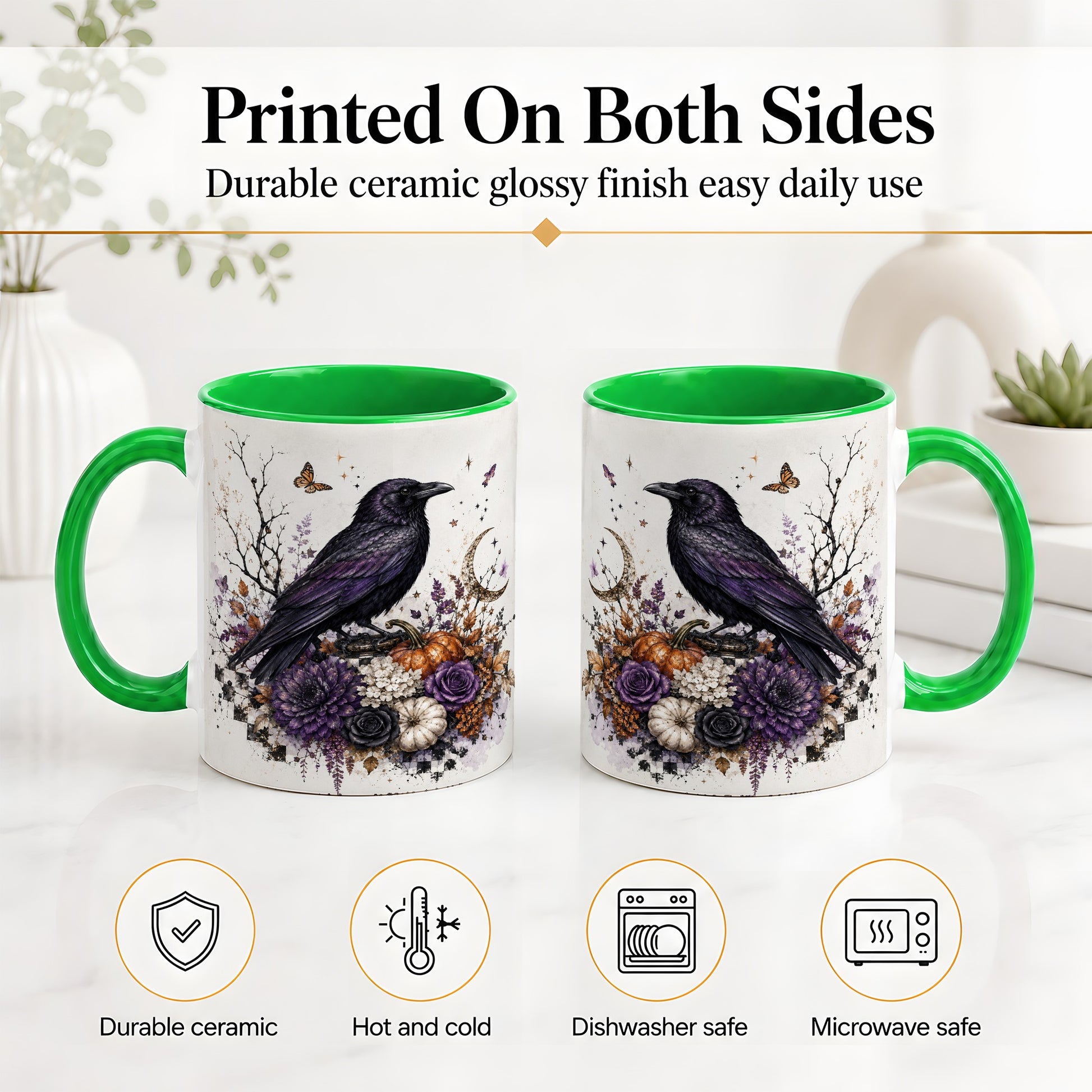 #pl[11oz|Green] Raven Moon Ceramic Coffee Cup, Mug with Purple Pumpkin Artwork